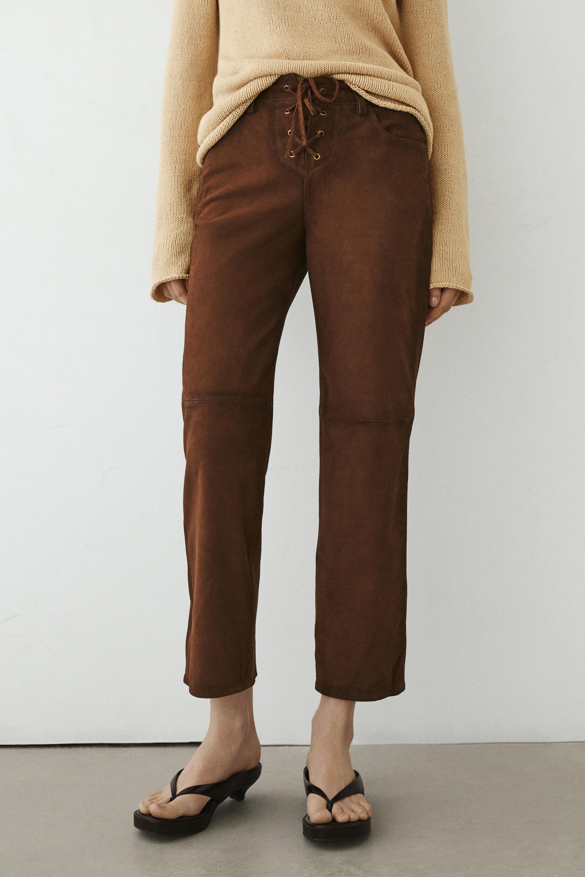 Cropped suede leather trousers with drawstrings